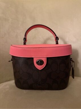 Coach Brown Signature Satchel with Pink Leather Trim